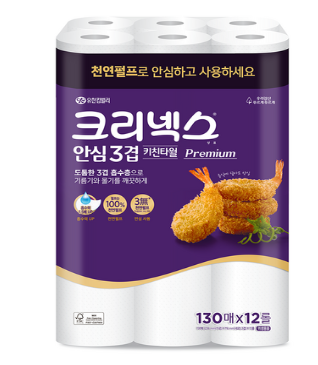(광고)크리넥스 안심 3겹 천연펄프 키친타올, 12롤, 1개